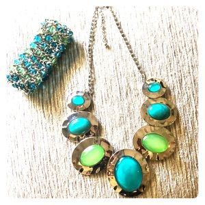 INC blue/green necklace, silver chain